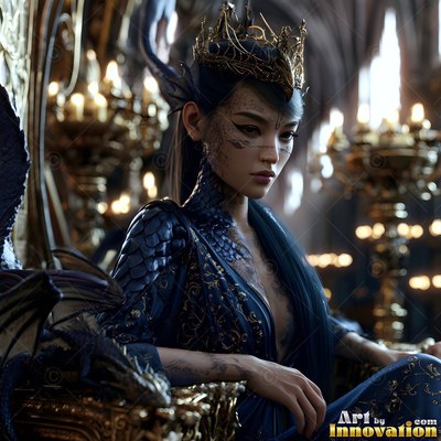 A woman in a crown in a dark blue scale dress sitting on a throne