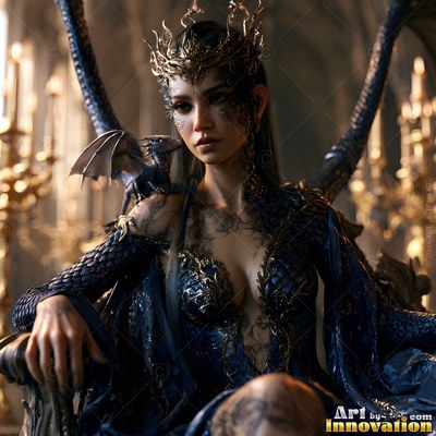 Wearing a golden crown, a woman sits on a throne with a tiny dragon on her shoulder