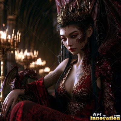 A woman with a crown in a red dress sits with a small winged dragon in soft candlelight