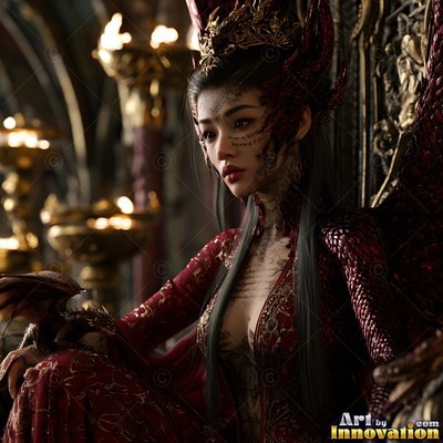 Seated on a dark throne, a woman in red scales holds a tiny dragon on her hand