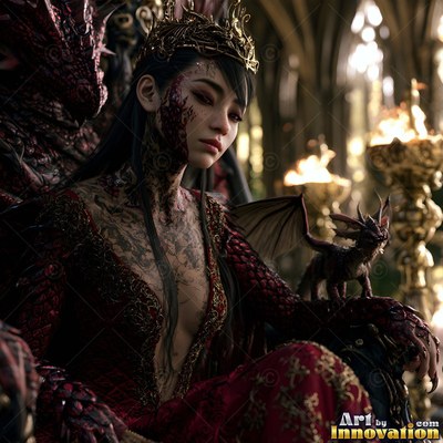 A woman wearing a crown in red sits with a tiny dragon on her arm