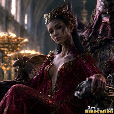 In a stone hall, a woman in a crown in a red gown sits with a tiny dragon on her arm