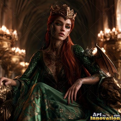 Sitting on a golden throne, a crowned red-haired woman wears a green gown beside a tiny dragon