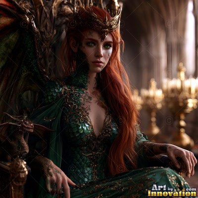Red-haired woman in a green scale gown sitting on a throne