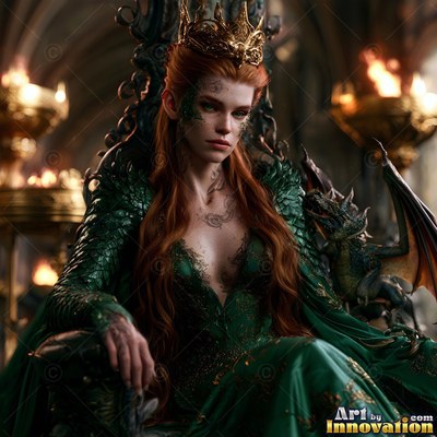 Wearing a gold crown, a woman sits on a dark stone throne beside a small dragon in firelight
