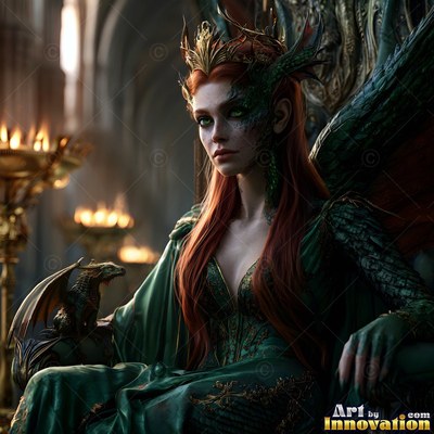 A red-haired woman sits on a throne with a small dragon in warm candlelight
