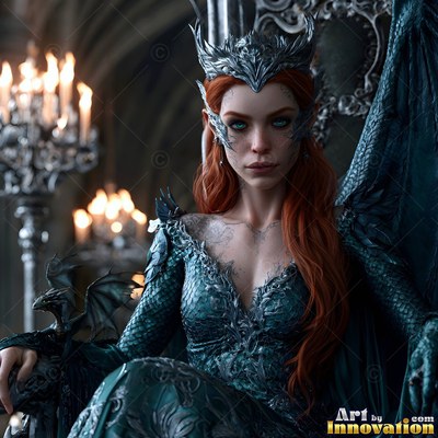 Seated facing forward in a candlelit hall, a crowned woman holds a tiny dragon