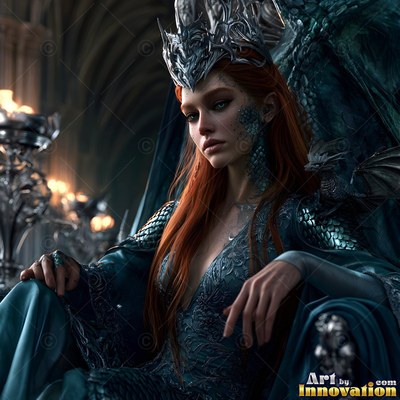 A red-haired woman with a silver crown sits on a throne beside a small dragon