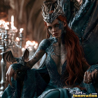 In a stone hall, a crowned woman sits with a tiny dragon perched on her hand