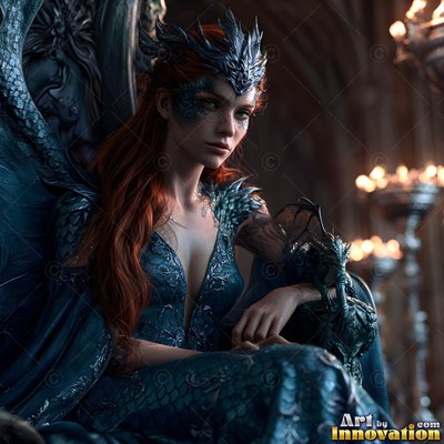Sitting on a dark throne, a red-haired woman in a blue scaled dress holds a tiny dragon
