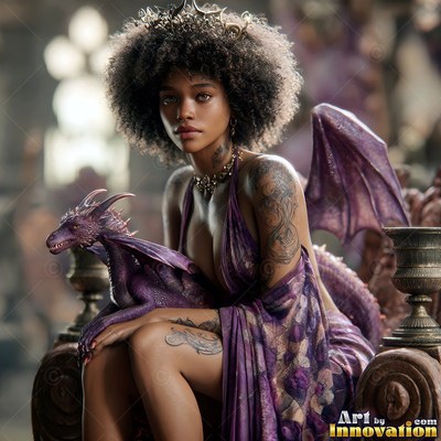 Wearing a purple dress in a stone hall, a woman holds a small purple dragon on a throne