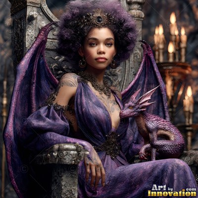 A winged woman sits on a stone throne holding a small dragon, lit by soft candle tones