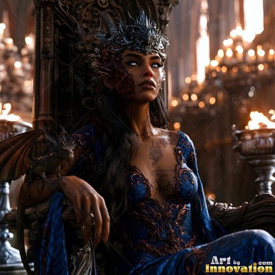 Seated on a dark throne in a hall, a woman in a blue dress rests beside a tiny dragon