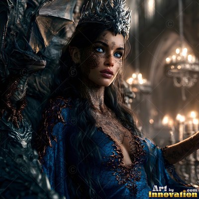 A woman in a crown in a blue gown sits beside a small stone dragon by candlelight