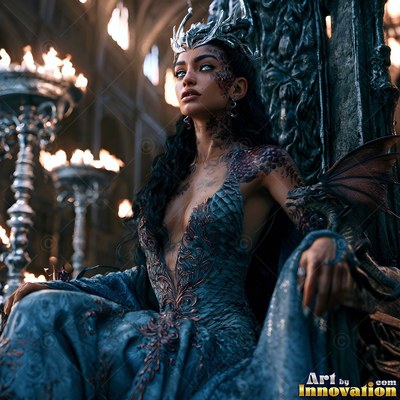 In a dark hall, a woman wearing a crown sits on a throne with a small dragon on her arm