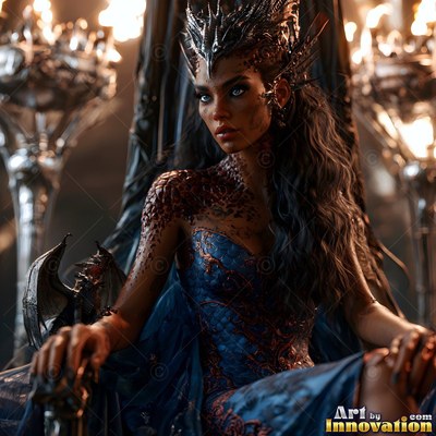Sitting on a dark throne, a woman in a blue gown rests her hand near a small dragon
