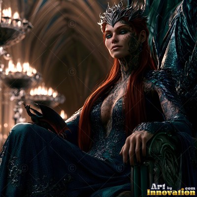 Red-haired woman on a throne holding a tiny dragon