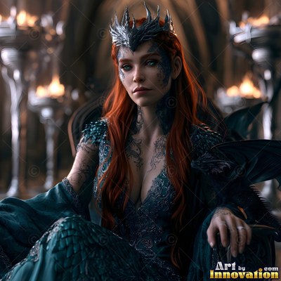 A spiky silver tiara crowns a red-haired woman in a teal dress, seated near torches with a small dragon