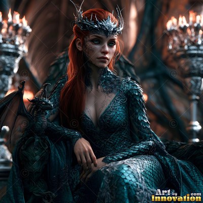 A red-haired woman sits on a throne holding a tiny dragon, lit by soft candlelight