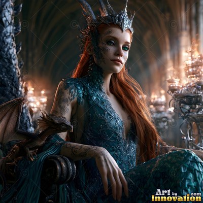Seated on a dark throne in a hall, a woman holds a tiny dragon on her arm