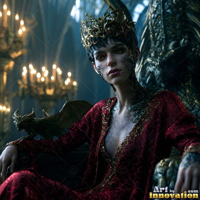 A young woman in a red dress and crown sits on a throne beside a small dragon