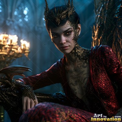In a dim hall, a crowned woman in a red scale dress sits beside a tiny dragon