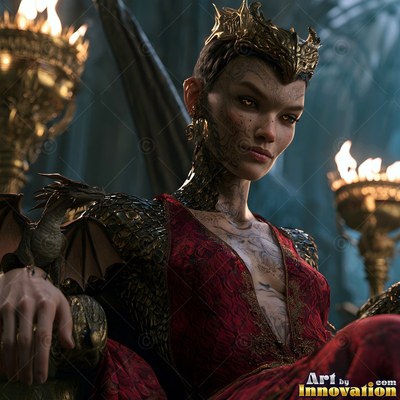 Sitting on a throne by torches, a woman in a crown in a red dress rests with a tiny dragon