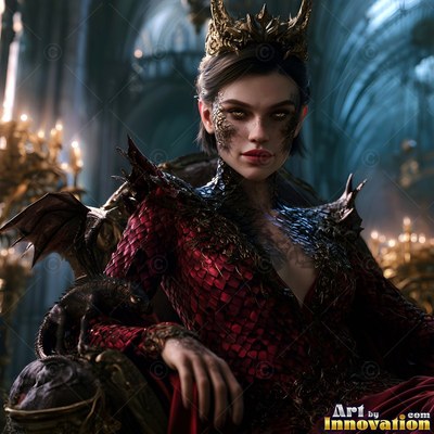 A woman wearing a crown in a red scale dress sits with a tiny dragon on her throne