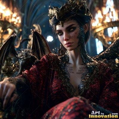 Wearing a dark crown, a seated woman in a red gown holds a small dragon in a candle lit hall