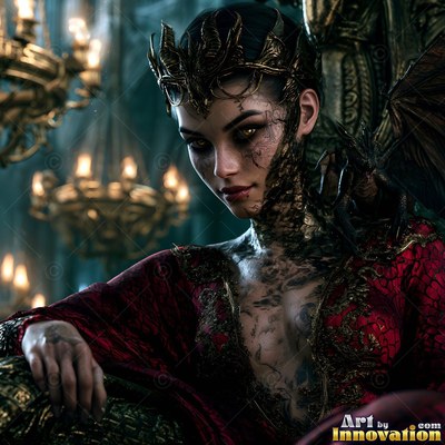 Seated on a carved throne, a woman in a red gown wears a horned crown