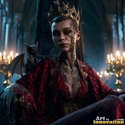 A crowned woman in a red gown sits on a throne with a tiny dragon on her shoulder