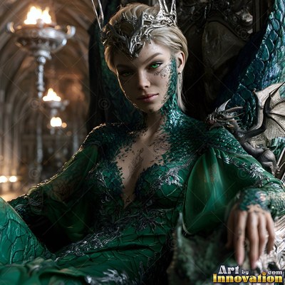 Sitting on a dark throne, a woman in a green scaled gown rests near a tiny dragon