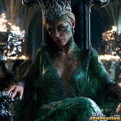 Woman with green scales on a dark throne beside a small dragon