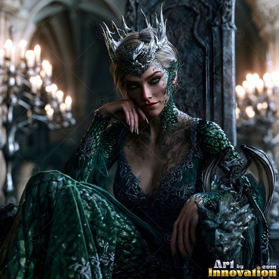 A silver crown tops a woman in a green scale dress on a dark stone throne by candlelight