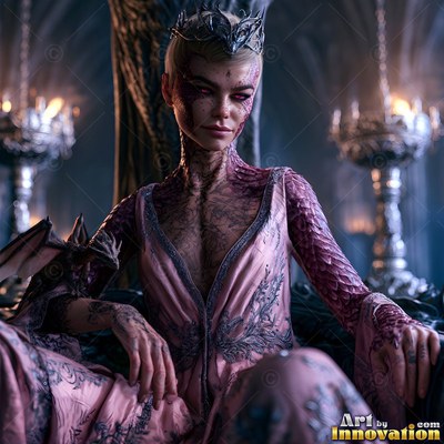 A woman wearing a crown sits on a throne in a pink dress, lit by soft candlelight behind her