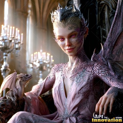 Seated in a candlelit stone hall, a scaled woman smiles beside a tiny dragon