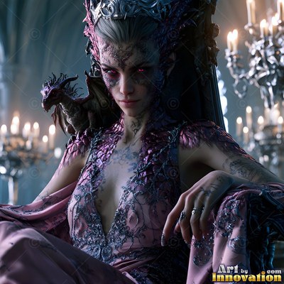 A woman in a pink gown sits with a tiny dragon perched on her shoulder