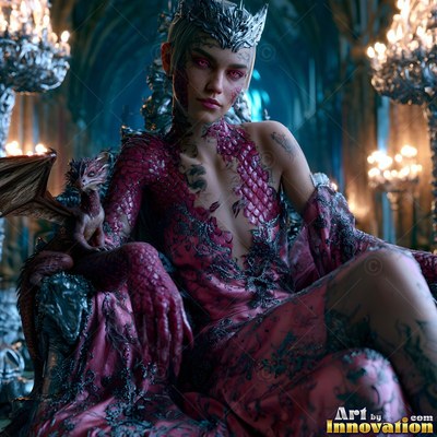 In a candlelit hall, a crowned woman in a pink dress sits with a small dragon