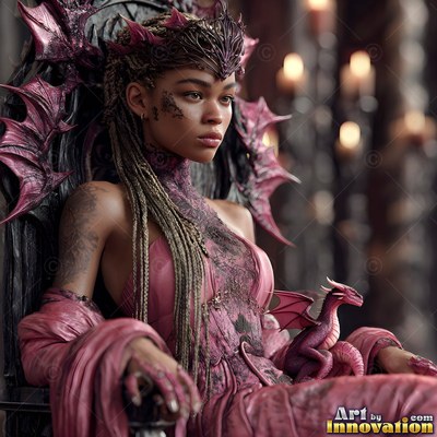 Sitting on a dark throne, a woman in a pink gown holds a tiny winged dragon