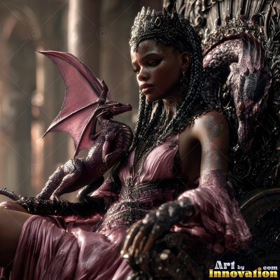 A woman in a pink gown sits on a throne with a small dragon