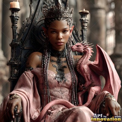 Wearing a dark crown, an elf woman sits on a stone throne with a pink dragon on her lap