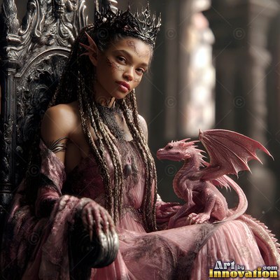 A woman in a dark crown sits on a throne with a small pink dragon in soft light