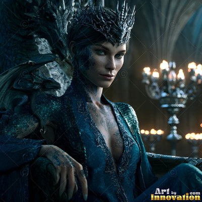 Seated forward in a candlelit hall, a woman with a crown rests by a dragon