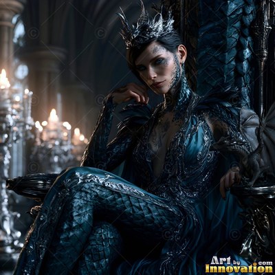 A crowned woman in a dark teal scale dress sits on a throne by candlelight
