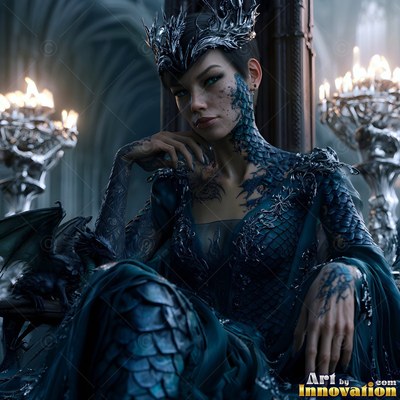 In a candlelit hall, a woman with a crown sits with a small black dragon on her chair