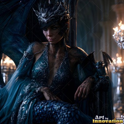 Sitting on a dark throne, a crowned woman in a teal scale gown holds a tiny winged dragon