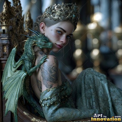 A crowned woman sitting on a throne with a small green dragon on her shoulder