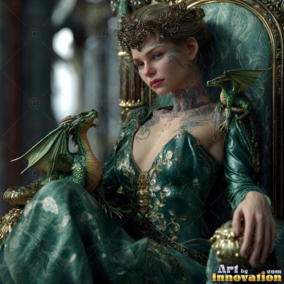 In a green gown with gold trim, a woman sits on a throne with two small dragons