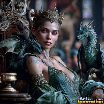 A woman with a crown sits with two small dragons on a dark throne in deep green tones