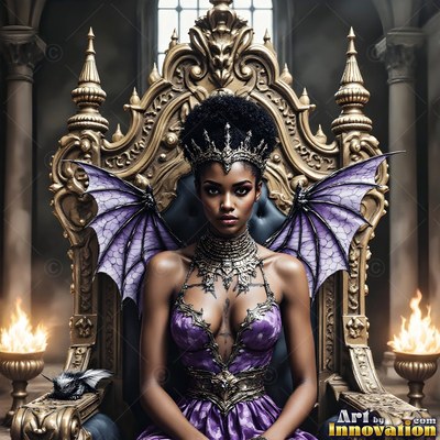 A woman with purple dragon wings and a crown sits on a gold throne